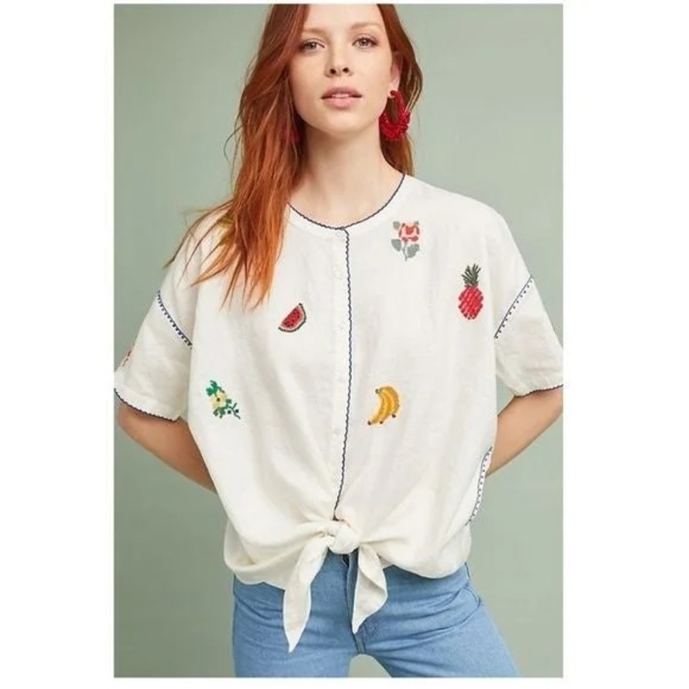 Anthropologie, Intropia | Linen Cotton Blend | Fruit Embroidered Top | X-Small